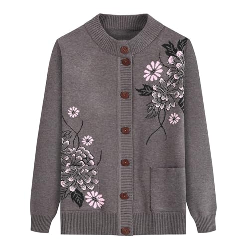 FWSHANGMAO Gestrickte Strickjacke Für Mittlere Und Ältere Menschen Vintage-Blumen-Gestickte Jacke Damen Frühlings Und Herbst Mutterkleidung Warmer Blumenpullover Grau M von FWSHANGMAO