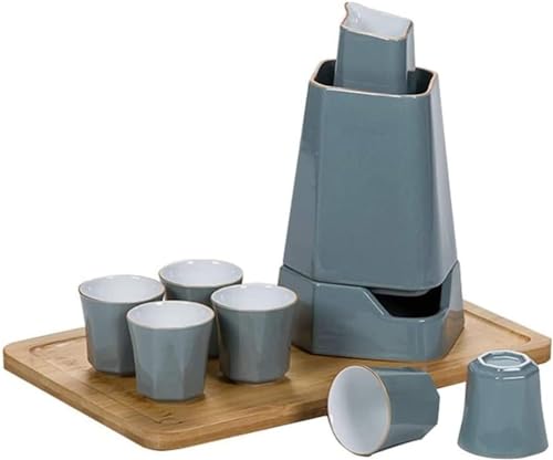 FXJHZH 10-teiliges Sake-Set, traditionelles Retro-Sake-Tassen-Set aus Keramik, mit 6 Sake-Tassen, 1 Sake-Kanne, 1 Warmhaltetopf, 1 Heizofen und 1 Bambustablett, elegantes Design von FXJHZH