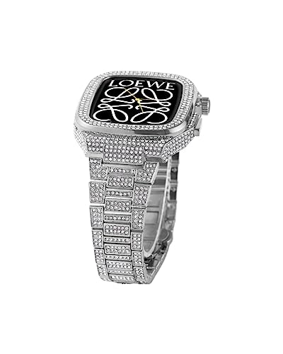 FXJHZH Luxuriöses Diamant-Edelstahl-Uhrenarmband, für Band 45 mm 44 mm, mit Diamanten besetztes Gehäuse, integriertes Uhrengehäuse aus Metall + Armband, für iWatch 8 7 SE 6 5 4 Serie von FXJHZH