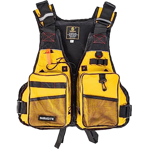 FXKJ Schwimmweste Für Erwachsene, Schwimmhilfen Zum Angeln Verstellbare Bootsschwimmweste Weste Angelwesten Schwimmhilfe mit Mehreren Taschen, Yellow von FXKJ