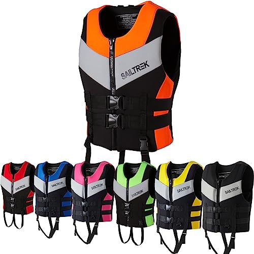 Neopren Schwimmweste Für Erwachsene Auftriebsweste Leichte Schwimmhilfe für Jetski, Kajakfahren, Wasserski, Kajak, Verstellbare Prallschutzweste Rettungsweste, 3XL 100-110kg,Orange von FXKJ