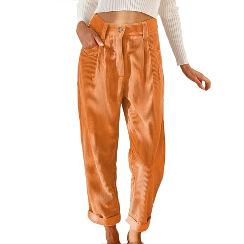 FXRWFSE Cordhose für Damen, lockere Cordhose mit geradem Bein, hoch taillierte Jogginghose mit Taschen (Orange,M) von FXRWFSE