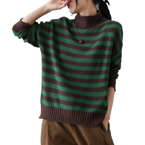 FXRWFSE Damen-Rollkragenpullover mit Retro-Streifen und Kontrastmuster, gestrickter Ripppullover, Rollkragenpullover mit Langen Ärmeln (Dark Green,One Size) von FXRWFSE