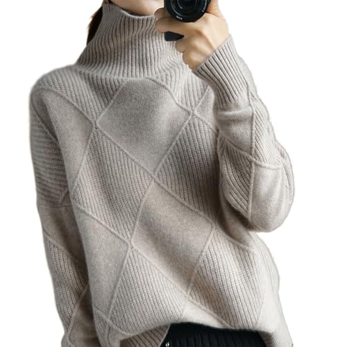 FXRWFSE Rollkragenpullover aus Kaschmir für Damen, grob gestrickter Winterpullover, einfarbiger Pullover mit Langen Ärmeln (Khaki,One Size(45-65kg)) von FXRWFSE