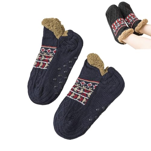 FXRWFSE rutschfeste Thermosocken für den Innenbereich, Flauschige V-Mund-Hausschuhsocken, rutschfeste Thermo-Hausschuhsocken mit Fleecefutter (Dark Blue,39-42) von FXRWFSE