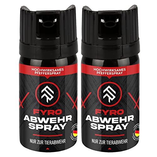 FYRO Pfefferspray zur Selbstverteidigung 2er Pack | KO Spray | Abwehrspray | Jet - Fog Sprühstrahl | 4 Meter Reichweite | Verteidigungsspray zur Tierabwehr | Hundeabwehr | 40 ml von FYRO