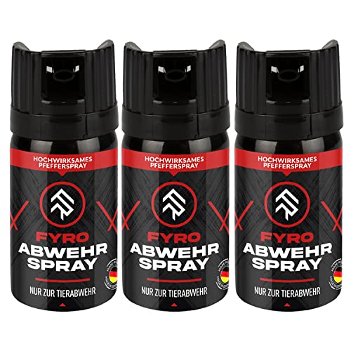 FYRO Pfefferspray zur Selbstverteidigung 3er Pack | KO Spray | Abwehrspray | Jet - Fog Sprühstrahl | 4 Meter Reichweite | Verteidigungsspray zur Tierabwehr | Hundeabwehr | 40 ml | klein von FYRO