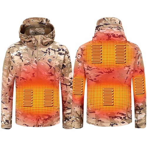 FYRTA Beheizte Jacke Herren, Warme Jacke Heizjacke mit 3 Heizstufen, Beheizbare Kapuzenjacke für Herren, Wasserdicht Wintermäntel Körperwärmer zum Outdoorarbeiten Skifahren Jagd,Camo, 4XL 92.5 von FYRTA