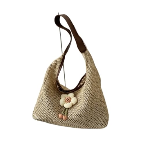 Sommer-Strandtasche Weben Modische Sanfte Blumendekoration Schultertasche Sommer Neue Stroh Einkaufstasche Gewebte Umhängetasche(Brown) von FYSXCXS