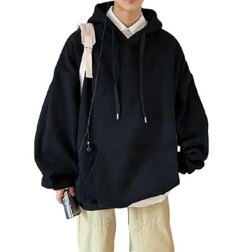 FZDNKJEU Einfarbiger Kapuzenpullover Für Herren Hoodies Trendige Männer Hong Kong Stil Lose Kühle Herbst- Und Winterwolle Futter All-Match Lässige Studenten Tops-Schwarz-L von FZDNKJEU