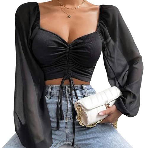 FZDNKJEU Einfarbiges Damen-T-Shirt Mit Langen Ärmeln Sexy Mesh Laternenhülle Kordelkrace Exponierte Bauch Frauen Langarm Bottoming Hemd T-Shirt Tops-Schwarz-S von FZDNKJEU