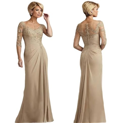 FZDNKJEU Hochzeitskleid Für Die Brautmutter Elegant Perlen Spitzen -Champagner -Kleid Plus Größe Chiffon Halbärmel Mutter des Bräutigam Abendkleides Hochzeit-Silber-4 von FZDNKJEU