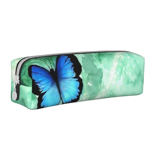 FZGGWYHL Federmäppchen aus Leder mit blauem Schmetterlingsmuster, tragbare Schreibwaren-Tasche, Stifteetui, weiß, Einheitsgröße, Münzfach von FZGGWYHL