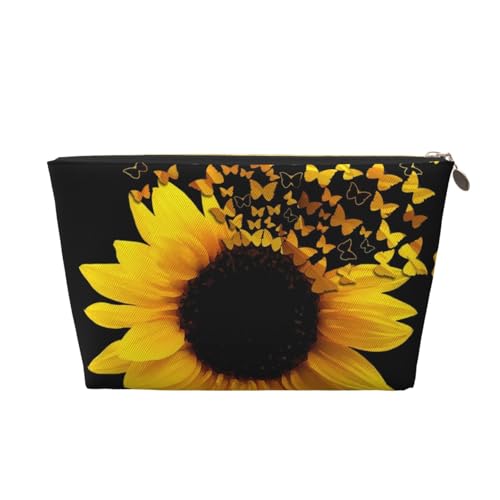 FZGGWYHL Kulturbeutel aus Leder, Motiv: Sonnenblumen, Blumen, Schmetterlinge, Kunstdruck, Reißverschluss, Kosmetiktasche, Reise-Organizer, gold, Einheitsgröße von FZGGWYHL