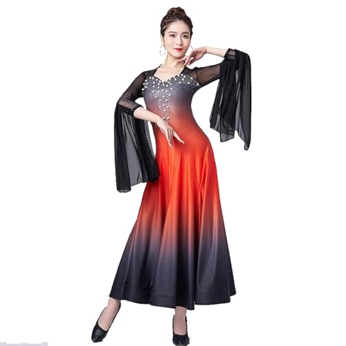 FZHQNZJF Orange,XXL, Damen Ballsaal Tanzen Leistung Kleider Exquisit Flamenco Salsa Üben Kostüme Gradient Tango Waltz Tanzkleidung Nationaler Standard Tanz Outfit von FZHQNZJF