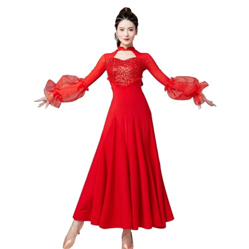 FZHQNZJF Rot,XXL, Ballsaal Wettbewerb Tanzkleider Langarm Tango Waltz Tanzende Kleidung Elegant Flamenco Foxtrot Leistung Kostüm Nationaler Standard Tanz -Outfit von FZHQNZJF