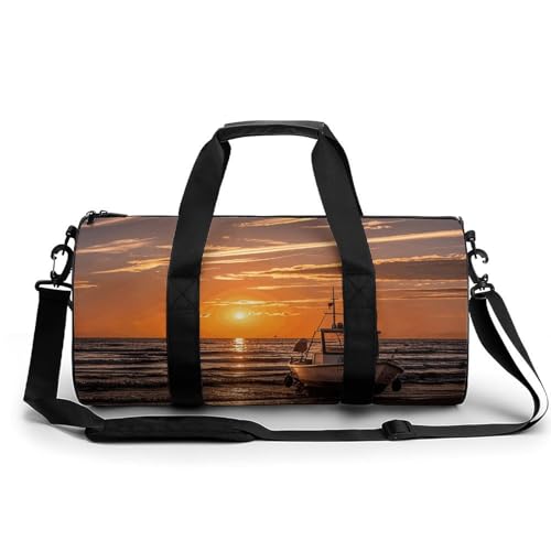 Turnbeutel Reisetasche mit Totenkopf-Motiv und Fach für Training, Übernachtung für Damen und Herren, Boot Strand Sonnenaufgang Zeit nautisch, 17.7in/9in/9in von FZQVSGW