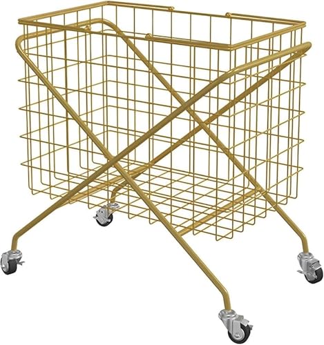 FZSERUN Rollender Wäschekorb Mit Rädern X-Förmige Rahmen Abnehmbarer Wäschewagen Aus Draht Für Badezimmer/Spielzeug-Organizer,Gold,55X59X37CM von FZSERUN