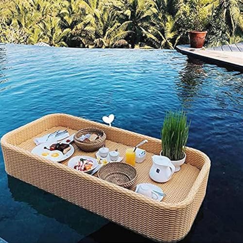 FZSERUN Serviertablett Aus Geflochtenem Rattan Schwimmendes Frühstückstablett Frühstücks- Und Speisekammerorganisation Für Hotel-Swimmingpool, Tee, Kaffee,Yellow b,80X60X15CM von FZSERUN