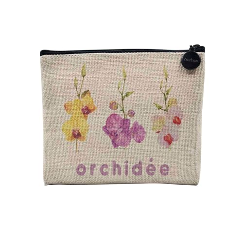 Tasche aus Leinen – Kollektion Illustration Blume Aquarell Mohnblume Rosen Hibiskus Blumen Aquarell Chic Garten Liebe – Kosmetiktasche aus Leinen Optik – Kulturbeutel – Geldbörse, orchidee, 15 x 10 von Fabulous