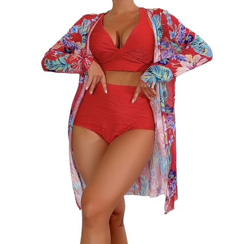 3-teiliges Damen-Bikinis-Badeanzug-Set mit Strand, langer Kimono, Überzug, Blumendruck, Bademode mit Boyshorts von FackLOxc