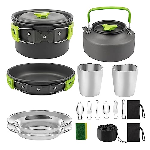 Faeymth 1Set Pot Pan Cup Teaport Set Wandern Picknick Geschirr Ausrüstung Camping Kochgeschirr Grün von Faeymth