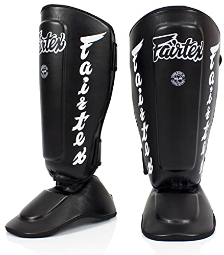 Fairtex SP7 Muay Thai Schienbeinschützer für Herren, Damen, Kinder | aus Syntek-Leder und hochwertig, leicht und langlebig | Abnehmbarer Schienbein- und Fußschutz(Large-Schwarz) von Fairtex