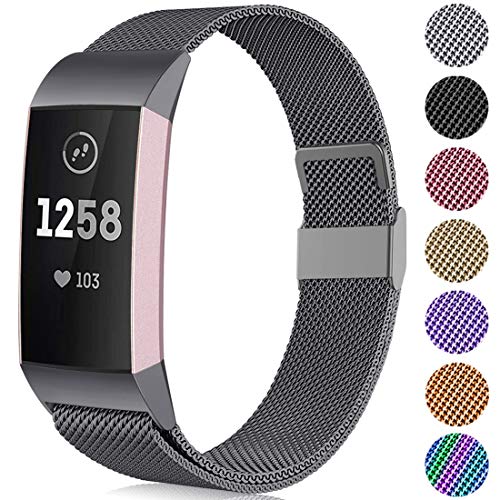 Faliogo Metall Ersatzarmband Kompatibel mit Fitbit Charge 3 Armband/Fitbit Charge 4 Armband, Einstellbare Edelstahl Ersatz Armbänder für Damen Herren, Groß Grau von Faliogo