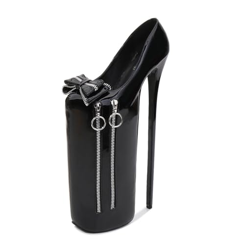 FamMe 30 cm/11,8 Zoll Super Plateau High Heel für Damen Modische Schleife Stilettos Pumps mit Reißverschluss und runder Zehenpartie Pole Dance Club Party Abendschuhe,Schwarz,43 von FamMe