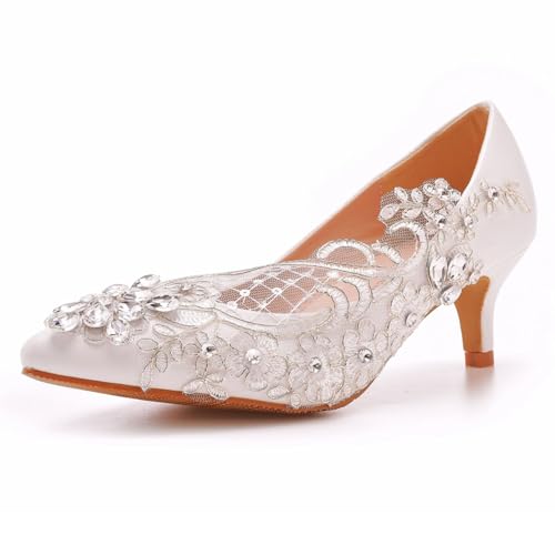 FamMe Brautschuhe, Hochzeitsschuhe, geschlossene Zehenpartie, Kitten Heel Pumps, Strass-Netz, Schlupfschuh, Stiletto-Absatz mit Nähten aus Spitze,Weiß,37 FamMe Brautschuhe, Hochzeitsschuhe, geschlossene Zehenpartie, Kitten Heel Pumps, Strass-Netz, Schlupfschuh, Stiletto-Absatz mit Nähten aus Spitze,Weiß,37 von FamMe