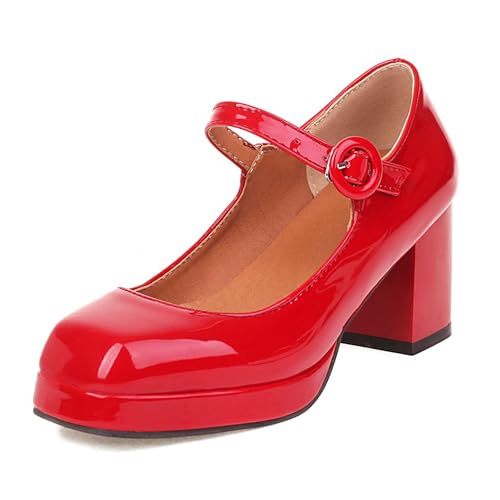 FamMe Damen Mary Jane Pumps mit Blockabsatz und hoher Plateausohle, geschlossene Zehenpartie, quadratische Zehenpartie, Knöchelriemen, Kleid, Hochzeit, Party,Rot,38 FamMe Damen Mary Jane Pumps mit Blockabsatz und hoher Plateausohle, geschlossene Zehenpartie, quadratische Zehenpartie, Knöchelriemen, Kleid, Hochzeit, Party,Rot,38 von FamMe