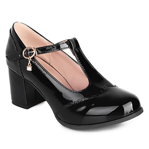 FamMe Damen Mary-Jane-Pumps mit geschlossener Zehenpartie, Blockabsatz, runder Zehenbereich, klobiger High Heel, T-Riemen, Abendschuhe für Hochzeitsfeiern,Schwarz,42 von FamMe