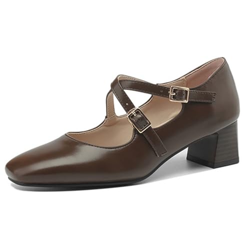 FamMe Damen Mary Jane Pumps mit klobigem Blockabsatz und geschlossener Spitze, Bequeme quadratische Zehenpartie, überkreuzte Fesselriemen, Elegante Arbeits- und Hochzeitsschuhe,Braun,40 von FamMe