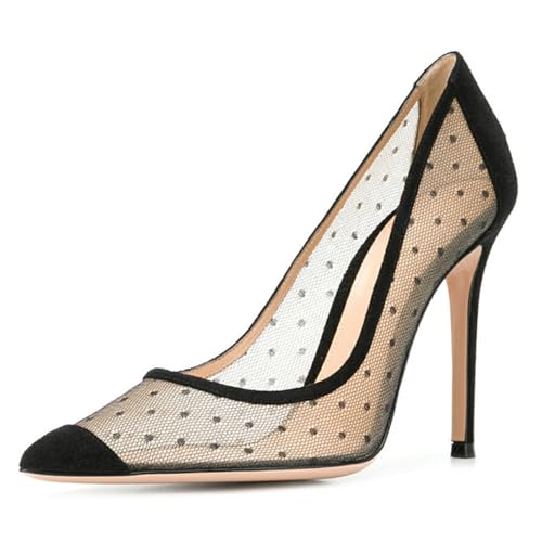 FamMe Damen Pumps aus Netzstoff, spitz zulaufend, geschlossene Zehenpartie, Stiletto-Absatz, Schlupfschuhe, Elegante Brautschuhe für Hochzeit, Kleid,Schwarz,34 von FamMe