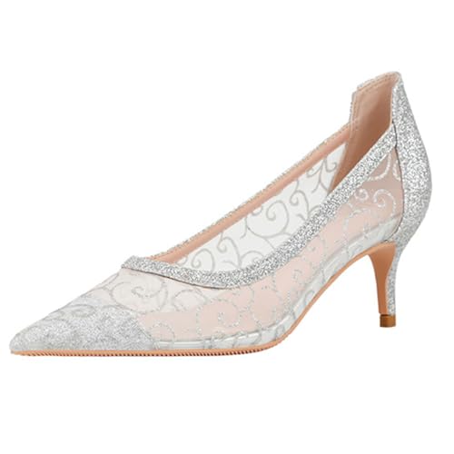 FamMe Damen-Pumps aus Netzstoff mit Spitze, Glitzer-Pailletten, spitzer Zehenbereich, Kitten-Stil, niedriger Absatz, Schlupfschuhe mit geschlossener Zehenpartie, Hochzeitsschuhe,Silber,34 von FamMe