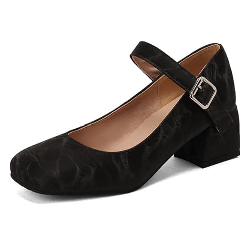 FamMe Damen Pumps mit Dicker Sohle und geschlossener Spitze, niedriger Blockabsatz, Knöchelriemen und Schnalle, Bequeme Pumps mit quadratischer Zehenpartie, Hochzeitsschuhe,Schwarz,37 von FamMe