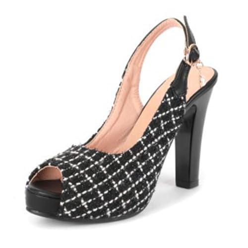 FamMe Damen Pumps mit Plateau, offener Spitze, klobiger Absatz, Slingback, Blockabsatz, Pumps mit Fersenriemen und Schnalle, Elegante Hochzeits-/Brautparty-Abendschuhe,Schwarz,35 von FamMe