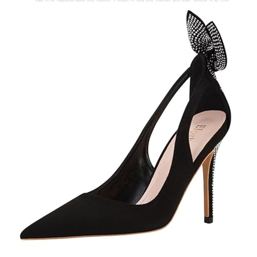 FamMe Damen-Pumps mit Stilettoabsatz und geschlossener Spitze aus Wildleder mit hohem Stilettoabsatz, Bequeme Pumps zum Reinschlüpfen, mit Strass-Schleife auf der Rückseite,Schwarz,34 von FamMe