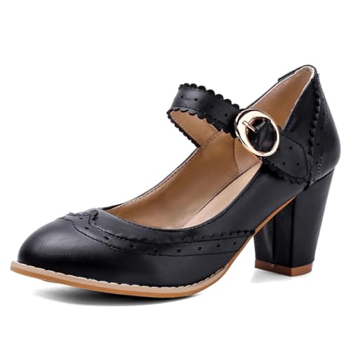 FamMe Damen Pumps mit klobigem Blockabsatz, geschlossene Zehenpartie, Mary Jane, Arbeitspumps, Bequeme runde Zehenpartie, Knöchelriemen, Schnalle, Kleider-Hochzeitsschuhe,Schwarz,38 von FamMe