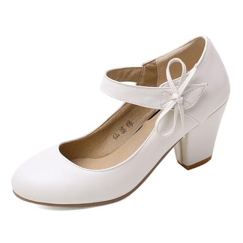 FamMe Damen Pumps mit klobigem Blockabsatz, runder geschlossener Spitze und Schleife, Knöchelriemen, PU-Leder, Mary Jane Schuhe, Hochzeit, Party, Freizeit,Weiß,39 FamMe Damen Pumps mit klobigem Blockabsatz, runder geschlossener Spitze und Schleife, Knöchelriemen, PU-Leder, Mary Jane Schuhe, Hochzeit, Party, Freizeit,Weiß,39 von FamMe