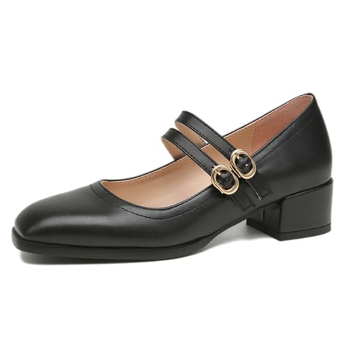 FamMe Damen Pumps mit klobigem Blockabsatz und quadratischer Spitze, geschlossene Zehenpartie, Bequeme Arbeitsschuhe mit doppeltem Knöchelriemen, Hochzeitsschuhe,Schwarz,36 von FamMe