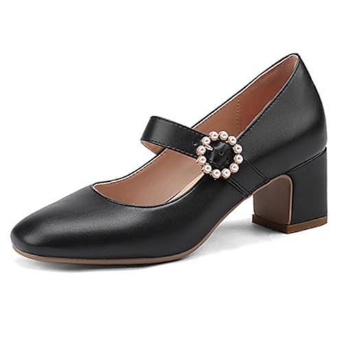 FamMe Damen Pumps mit niedrigem, klobigem Absatz und quadratischer Zehenpartie, Bequeme Mary-Jane-Abendschuhe mit Knöchelriemen und Perlenschnalle für Hochzeit, Party, Büro,Schwarz,39 von FamMe