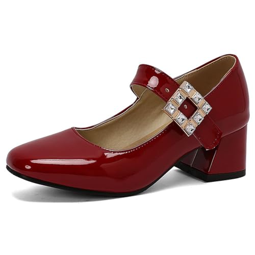 FamMe Damen Pumps mit niedrigem Absatz, Elegante Schuhe mit quadratischer Schnalle und Fesselriemchen, geschlossene Zehenpartie, klobige Mary-Jane-Pumps für die Arbeit,Rot,42 von FamMe