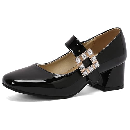 FamMe Damen Pumps mit niedrigem Absatz, Elegante Schuhe mit quadratischer Schnalle und Fesselriemchen, geschlossene Zehenpartie, klobige Mary-Jane-Pumps für die Arbeit,Schwarz,36 von FamMe