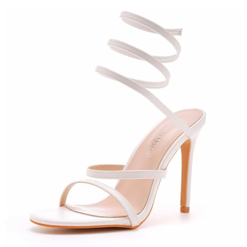 FamMe Damen Riemchen-Pumps mit Schnürung, Stiletto-Absatz, offene Zehenpartie, Sandalen mit Absatz, Wickeldesign, Fesselriemchen, Slingback-Pumps, Abendschuhe für Hochzeiten,Weiß,42 von FamMe