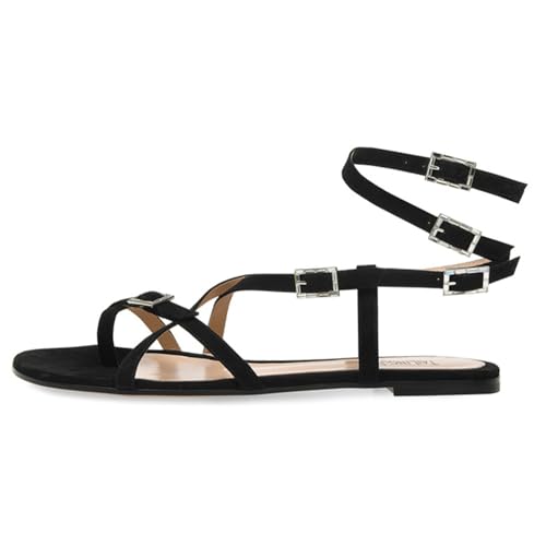 FamMe Damen Riemchensandalen, flach, offene Zehenpartie, Bequeme Flip-Flops mit Metallschnalle, überkreuzte Riemen, Abendschuhe, Ballschuhe, Partyschuhe, Pumps,Schwarz,34 von FamMe