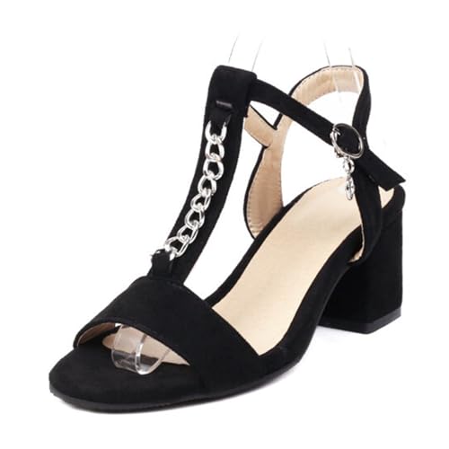 FamMe Damen-Sandalen aus Wildleder mit T-Riemen und Blockabsatz, offene Zehenpartie, klobiger Absatz, Bequeme Abendschuhe für Hochzeiten und Partys, verziert mit Metallkette,Schwarz,42 von FamMe