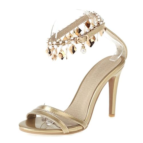 FamMe Damen Stilettos mit Strass-Metall-Fesselriemen, offene Zehenpartie, Sandalen mit Absatz, Bequeme Abendschuhe mit hohem Absatz, Hochzeitsschuhe,Gold,37 von FamMe