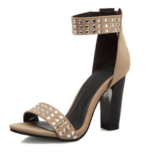 FamMe Damen Strass Sandalen Open Toe Ankle Strap Block Chunky Heels Sandalen Party Kleid Pumps Schuhe mit rückseitigem Reißverschluss,Braun,34 von FamMe