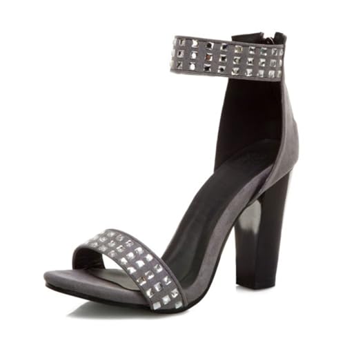 FamMe Damen Strass Sandalen Open Toe Ankle Strap Block Chunky Heels Sandalen Party Kleid Pumps Schuhe mit rückseitigem Reißverschluss,Grau,36 von FamMe